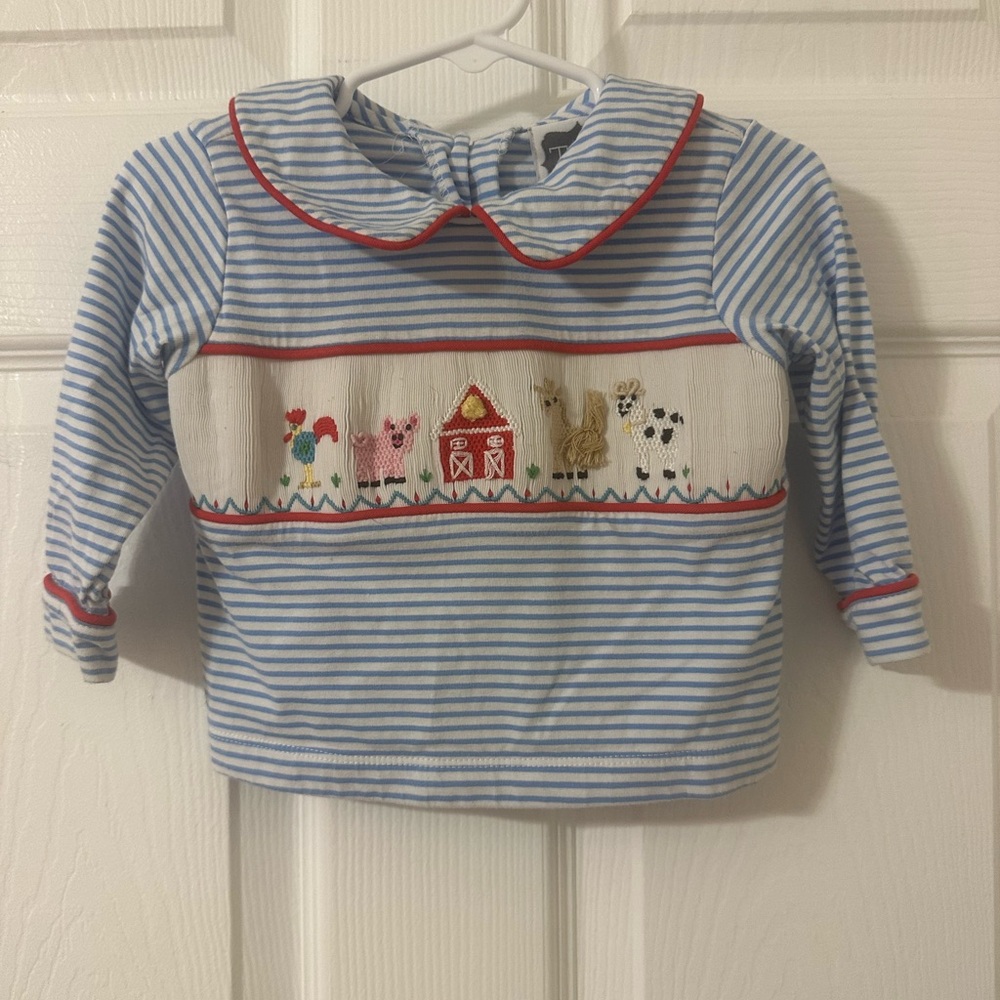 Charming Smocked Shirt with Farm Embroidery